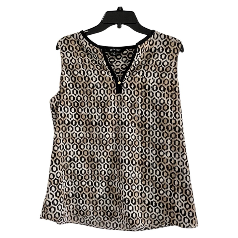 ELLEN TRACY Women's Chiffon Leopard Multicolor Sleeveless Top V Neck-LARGE